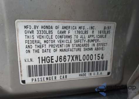 1998 Honda Civic Lx из США, поврежденный, VIN 1HGEJ667XWL000154